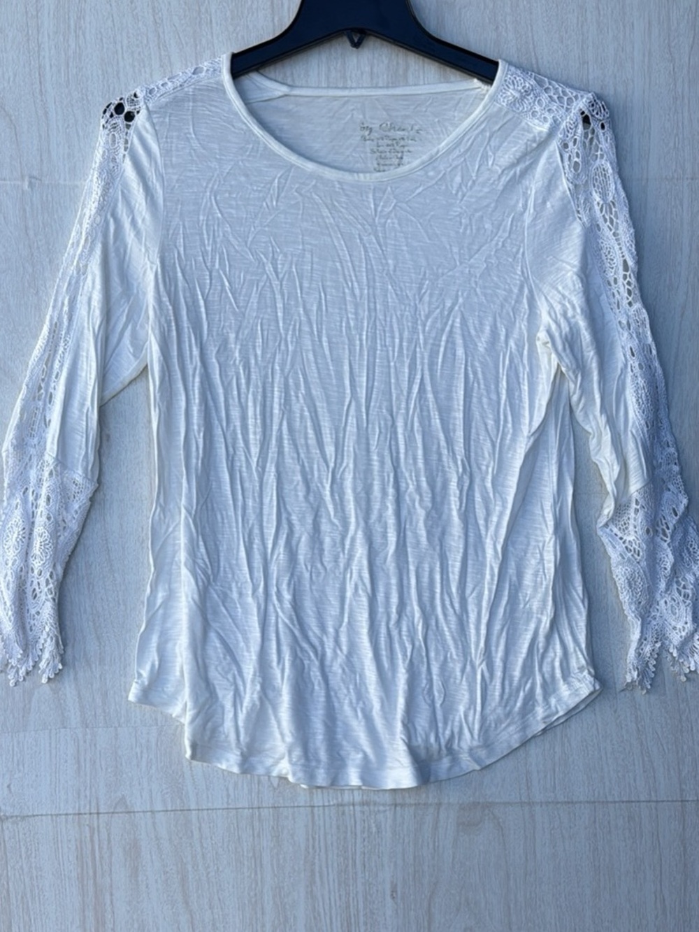 Chico's White Lace-Sleeve Long Sleeve Crewneck Top